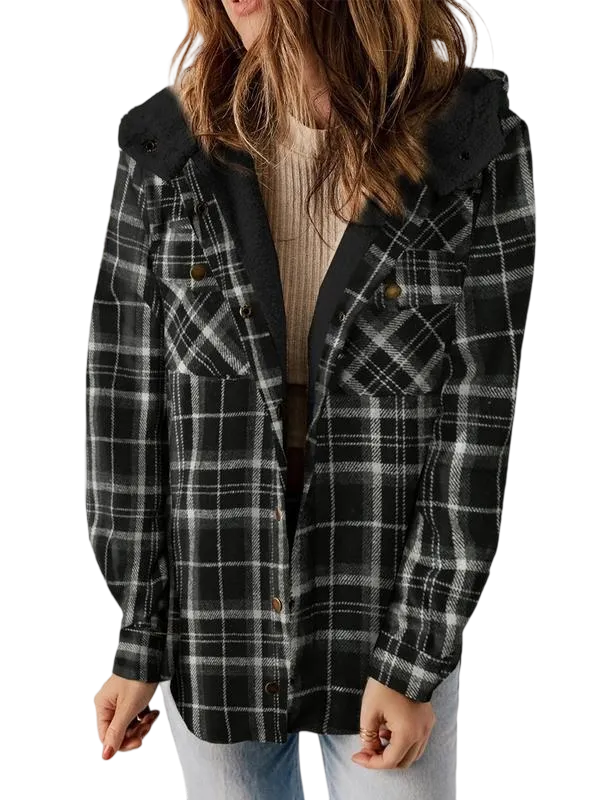 Women's Plaid/Houndstooth Button - Front Hooded Coat