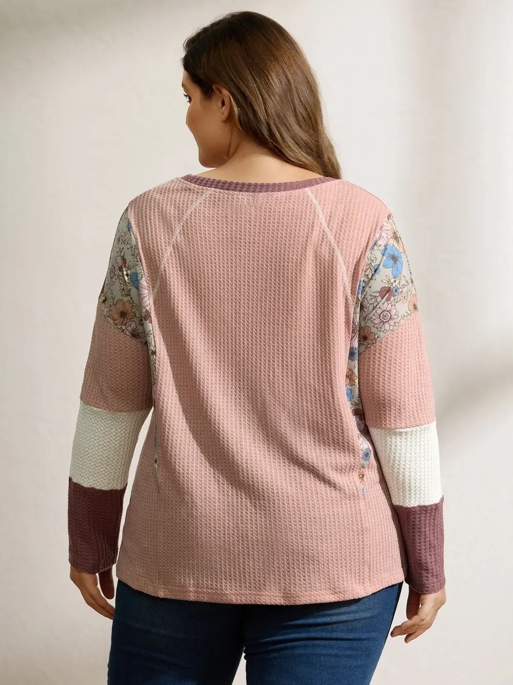 Floral Colorblock Waffle Round Neck Sweatshirt