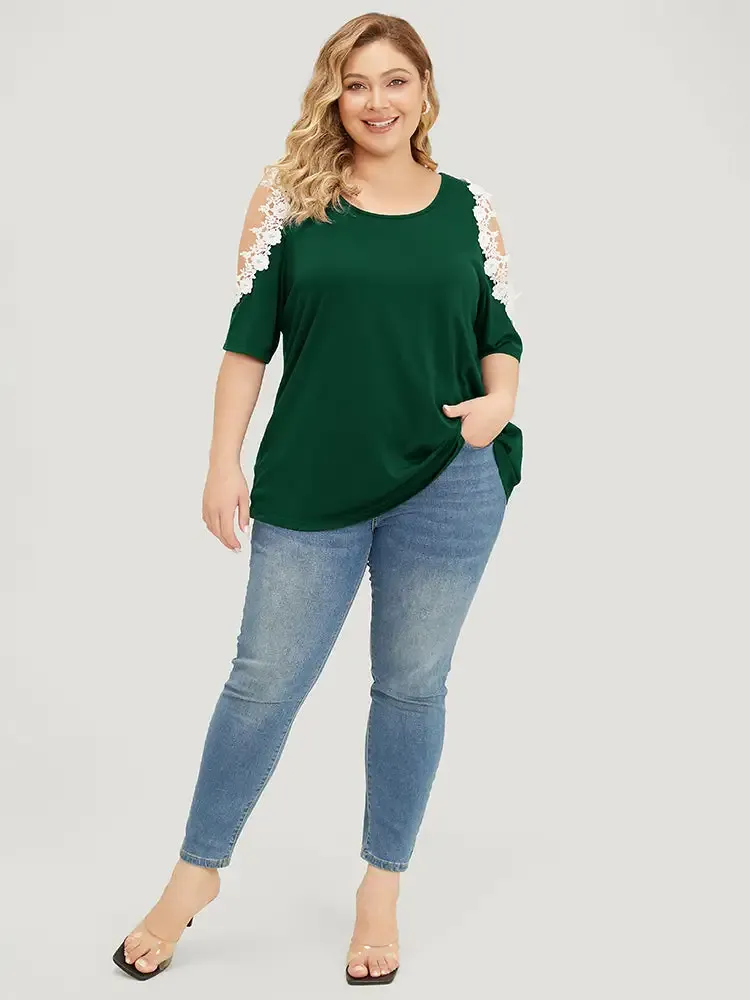 Solid Guipure Lace Cold Shoulder T-shirt
