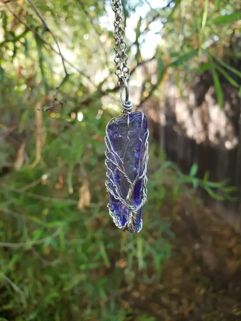 Titanium Wire Wrapped Blue Aura Quartz Crystal Tree of Life Pendant Necklace - Grounding Necklace - Self Confidence - Relaxation Crystal
