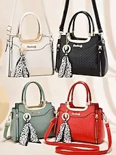 Women's Green Quilted Handbag with Gold Handle, Leopard Print Scarf Accent, and Crossbody Strap for Casual and Office Use