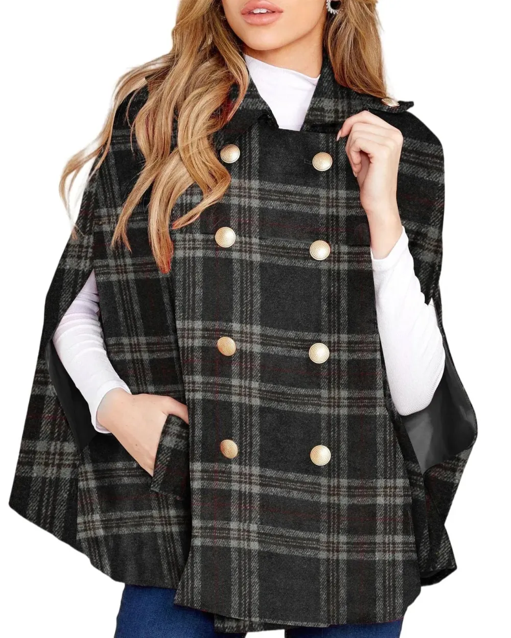 Women's Plaid Double Breasted Winter Cape Turn Down Poncho Coats(Buy 2 Free Shipping)