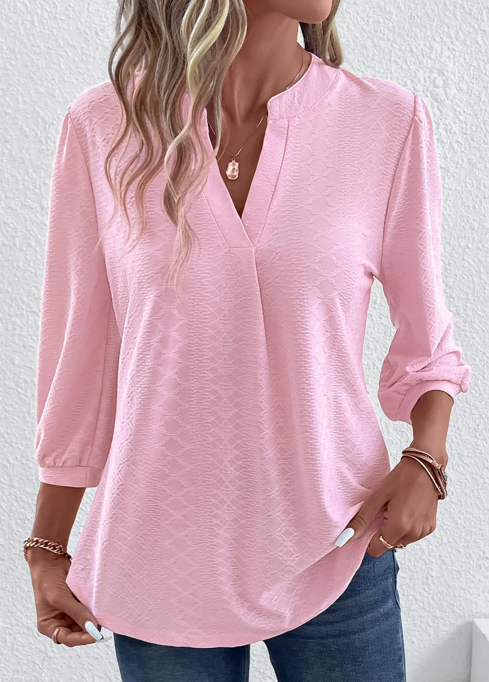 Pink Ruched Three Quarter Length Sleeve T Shirt