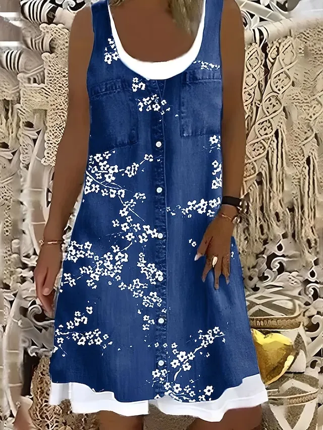 Women's Shift Dress Midi Dress Gray Sleeveless Floral Fake two piece Summer Spring Crew Neck Modern 2023 5XL