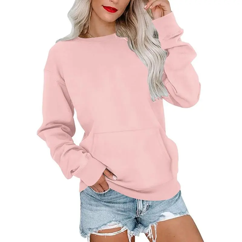Women's Crewneck Hoodless Sweatshirt With Kangaroo Pocket Fleece Longsleeve Oversized Casual Style Shirt