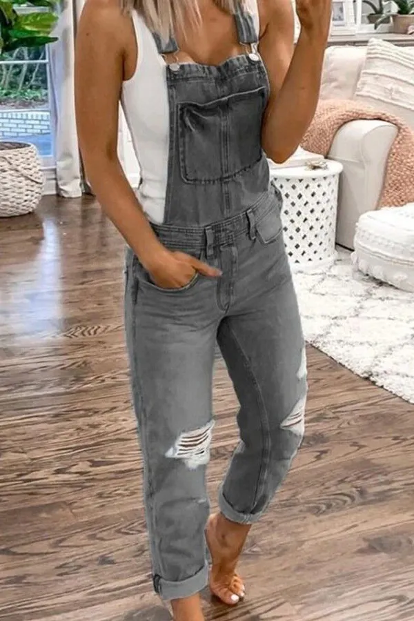 Casual Pocket Design Cut Out Denim Jumper Overalls