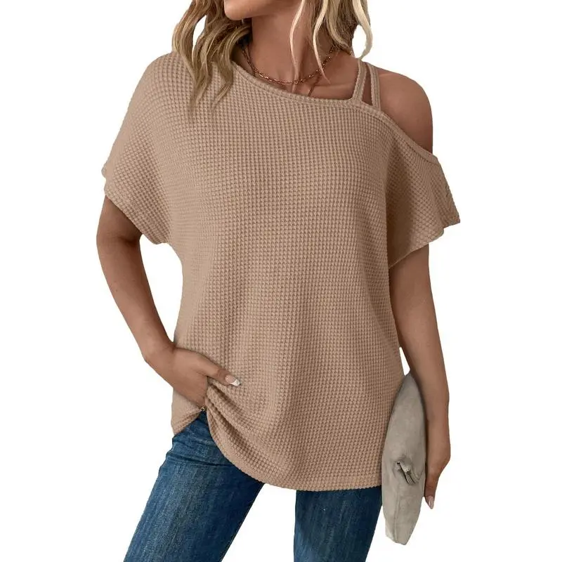 Women's Off Shoulder Waffle Knit Tops – Short Sleeve, Lightweight, Casual & Stylish