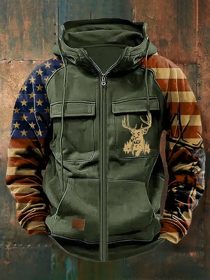 Men's Vintage Western Deer Print Multi-Pocket Jacket