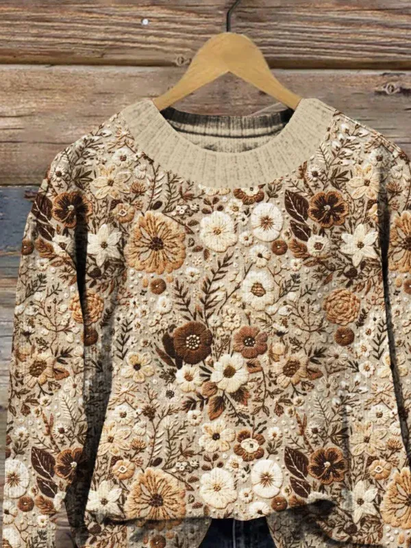 Women's Floral Autumn Print Crew Neck Long Sleeve Sweater