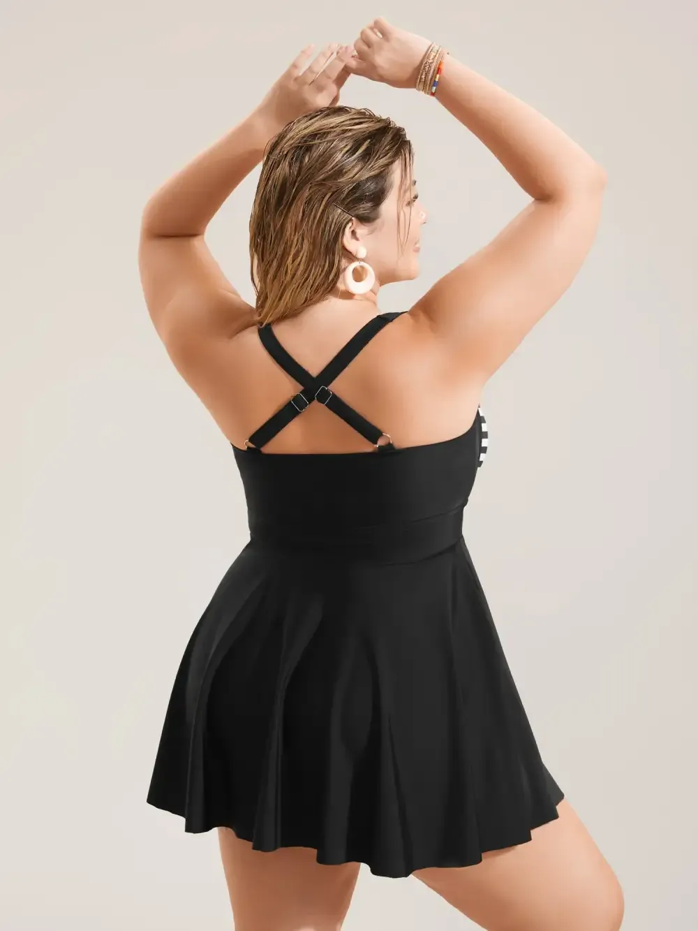 Stripes Patchwork Tie Knot Cross Straps Swim Dress