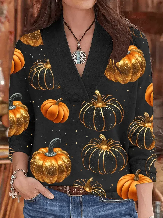 Women's Autumn Pumpkin Casual V-Neck Long Sleeve Knit Top