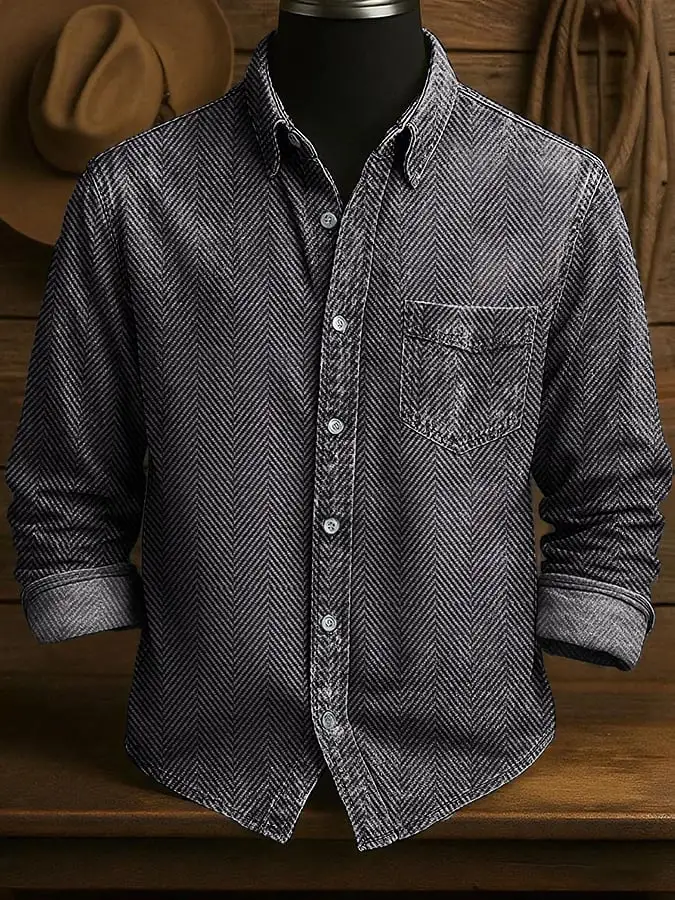Men's Retro Western Classic Herringbone Design Long Sleeve Pocket Casual Shirt