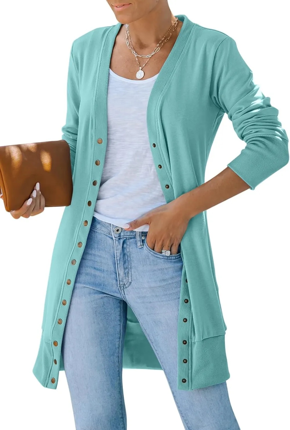 Women's 2024 Fall Long Sleeve Snap Button Down Solid Color Knit Ribbed Neckline Cardigans
