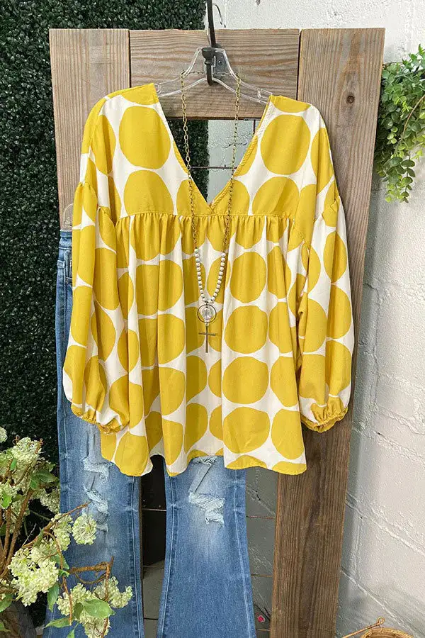 Polka Dot Print V-Neck Long Sleeve Blouse