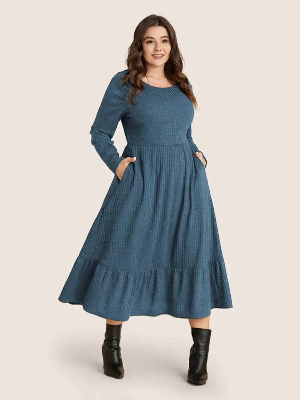 Solid Pocket Rib Knit Ruffle Hem Dress Without Belt