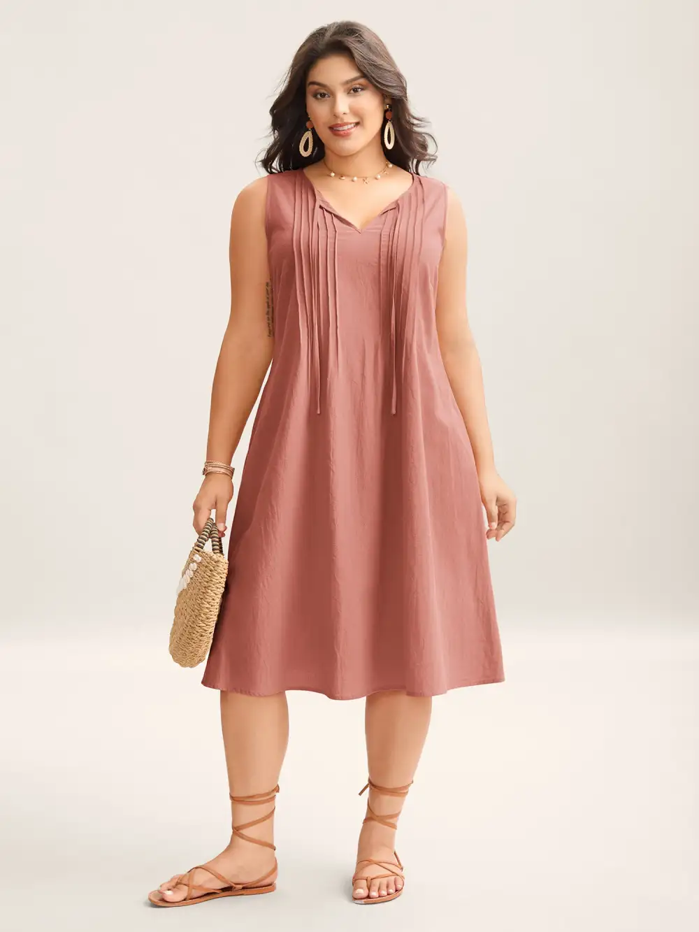 Cotton Toothpick Pleat Plain Midi Dress