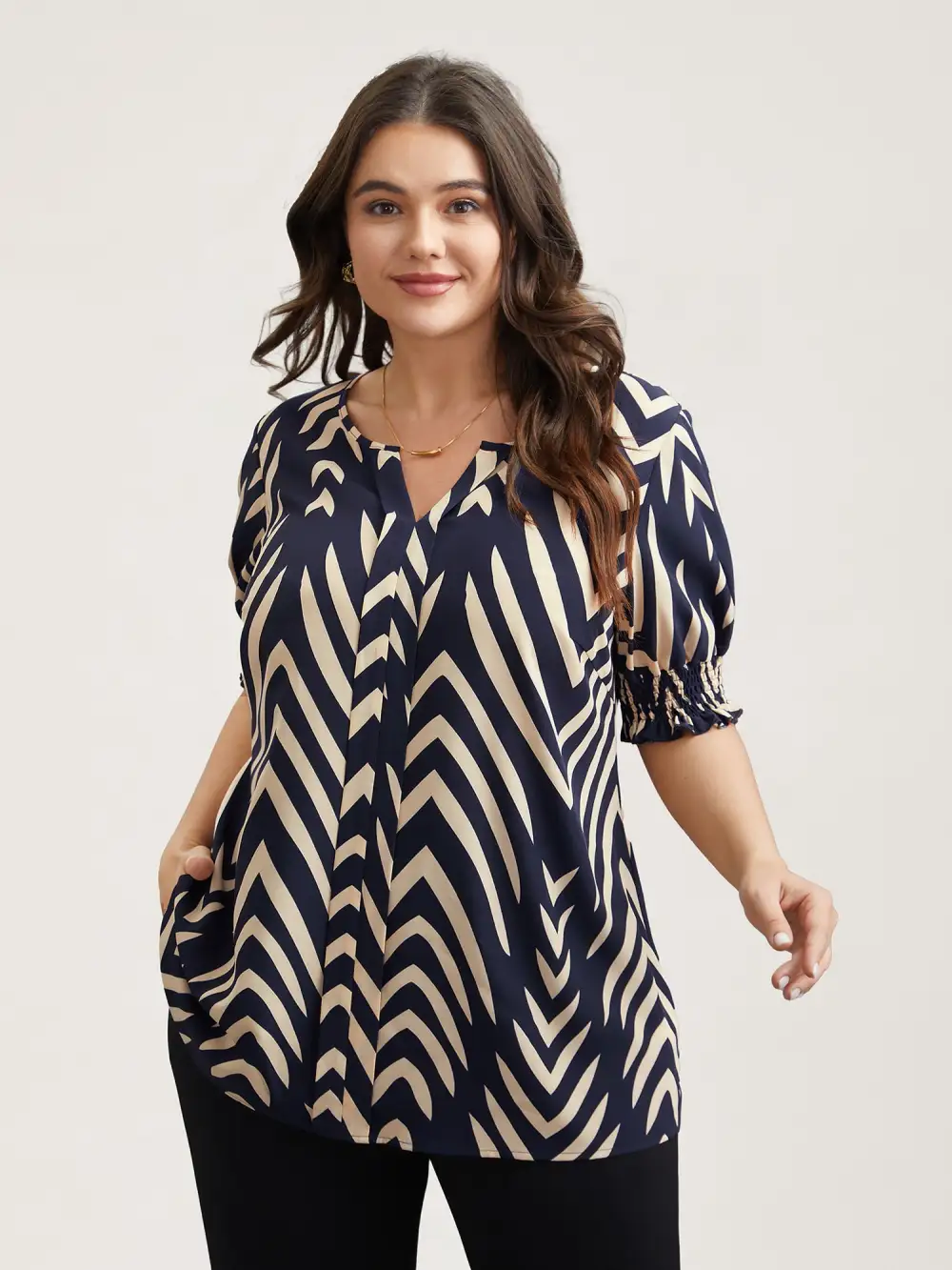 Geometric Print Ruffled Shirred Shirt