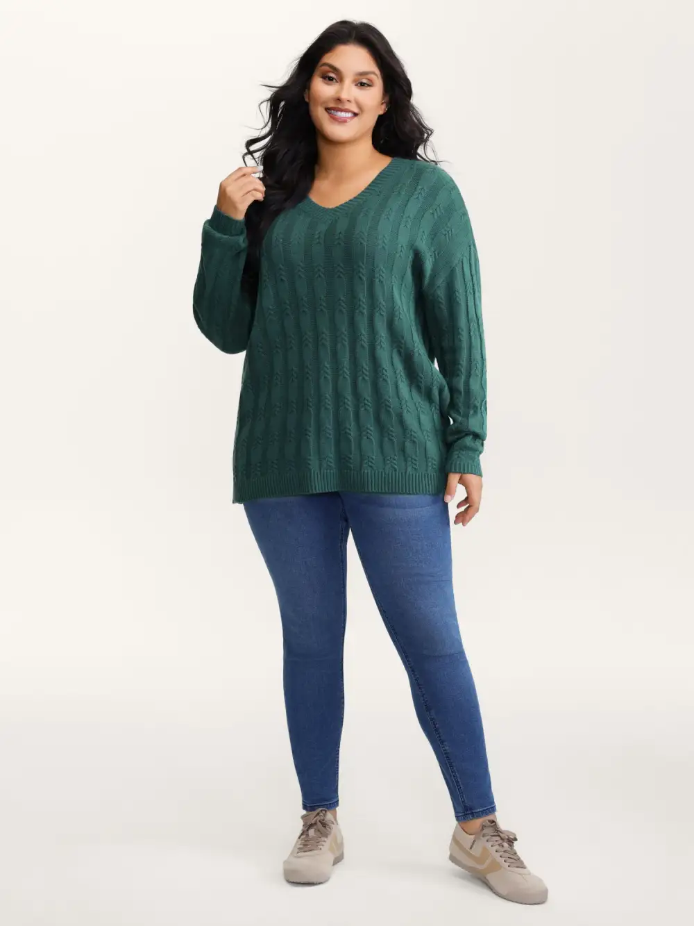Cable Knit Textured V-Neck Pullover