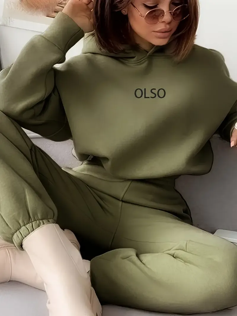 Casual Two-piece Set, Letter Print Long Sleeve Hooded Sweatshirt & Elastic Waist Sweatpants Outfits, Women's Clothing