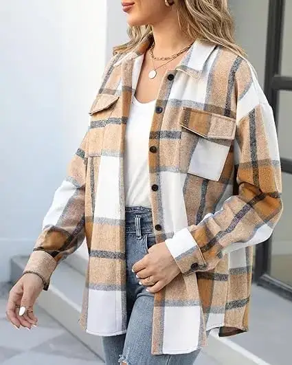 Women's Casual Shacket Jacket Plaid Shirts Flannel Blouses Button-Down Shirts