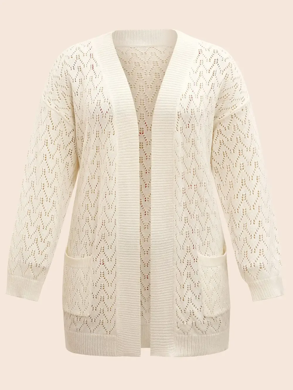 Kimono Collar Patch Pocket Pointelle Knit Cardigan