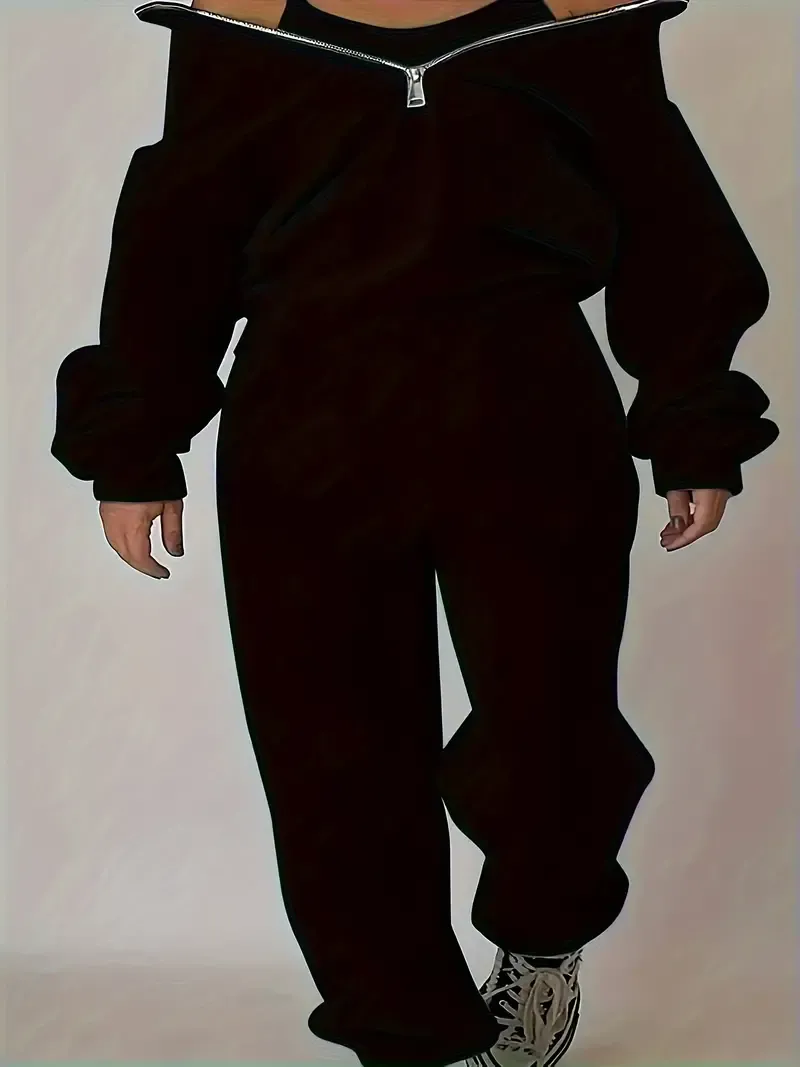 Two-Piece Solid Color Casual Outfit - High Neck Zip Front Long Sleeve Sweatshirt & Elastic Waist Pants