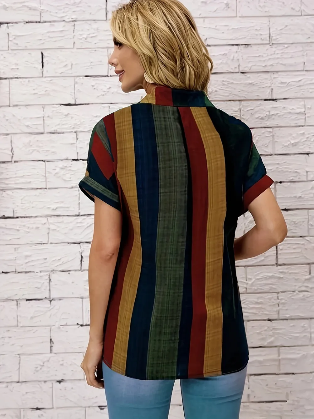 Striped Print Button Front Blouse