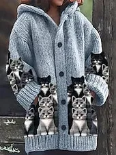 Women's Sweater Cardigan Casual Soft Animal Ribbed Hooded Pocket Buttons Knitted Long Sleeve Long Tops Knit Outdoor Daily Weekend Pink Blue Fall Winter