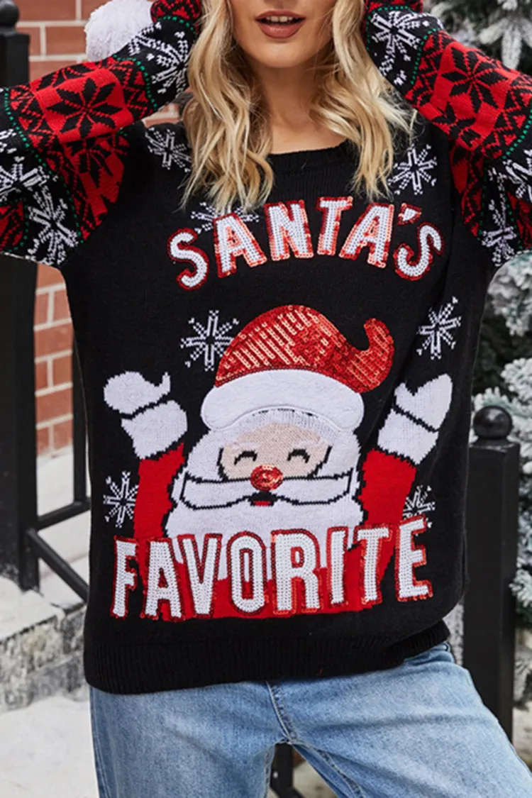 Christmas Snowflake Santa Round Neck Long Sleeve Casual Sweater