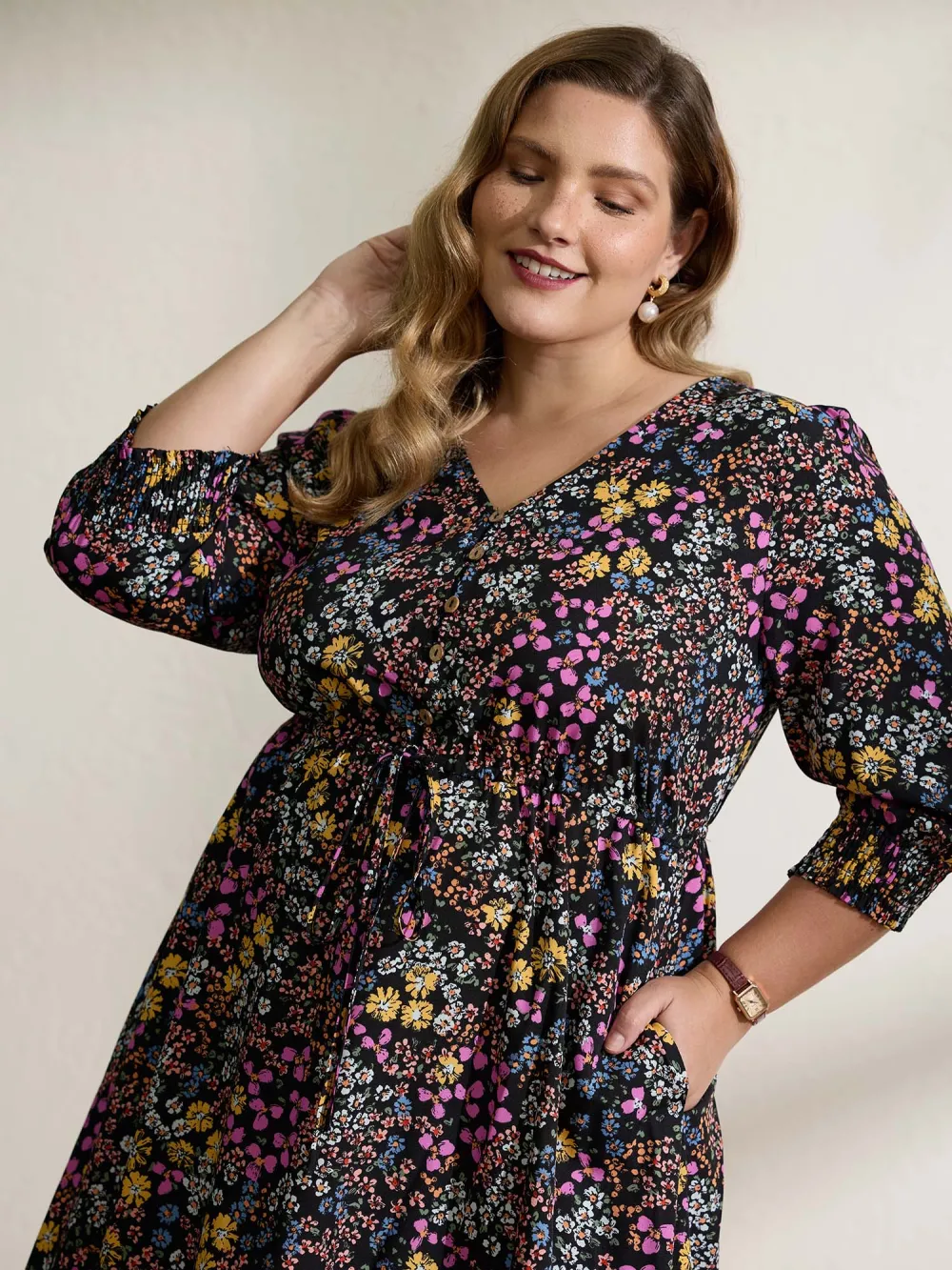 Floral Print Smocked Pockets Maxi Dress