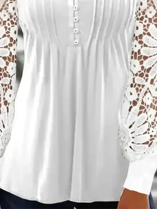 Women Long Sleeve V-neck Floral Lace Top