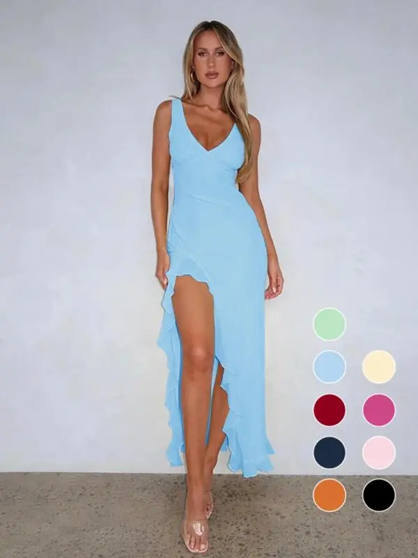 Women's Sleeveless Tank Dress-Solid Color, Thigh Slit, Summer Party Wear