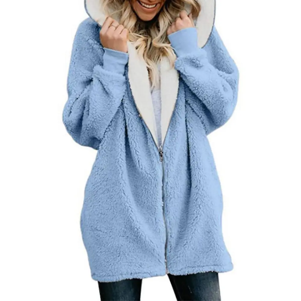 Women Long Sleeve Hoodie For Jacket Fuzzy Plush Full Zip Loose Pockets Outwear Coat