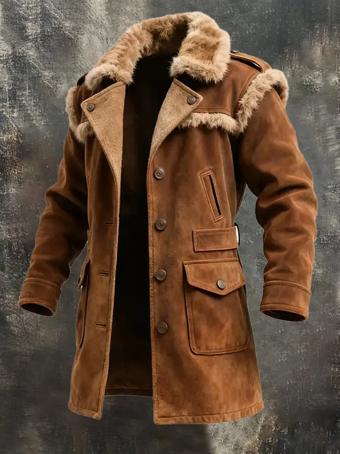 Men's Vintage Brown Shearling Coat With Fur Collar