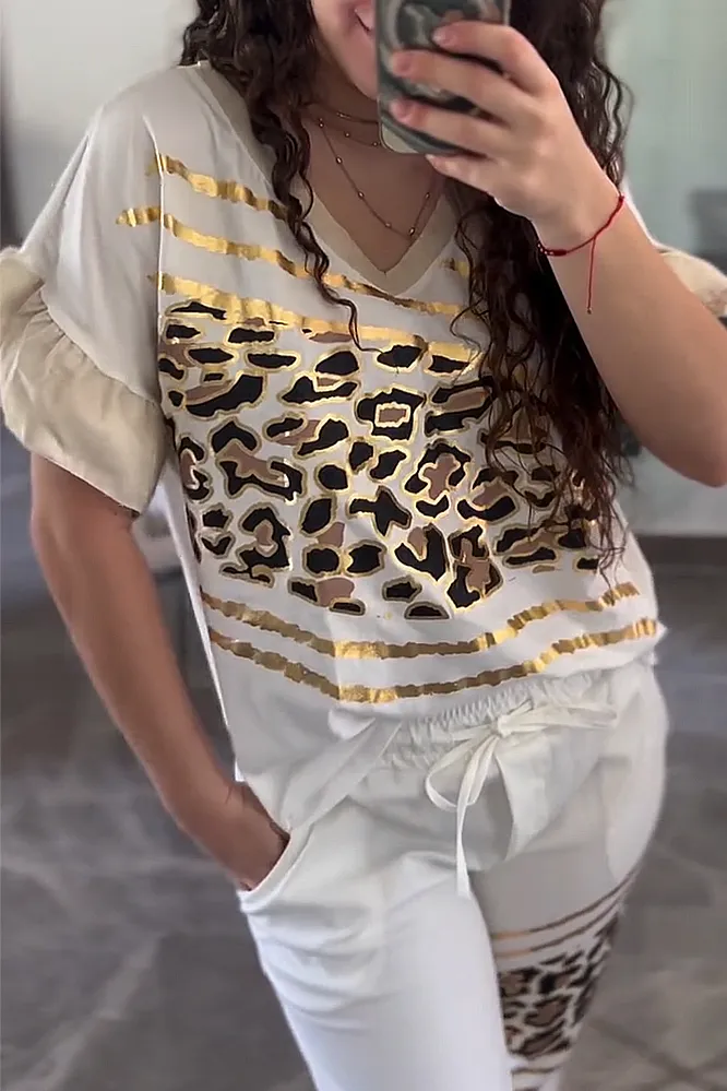 Women's leopard print V-neck top and leopard print two-piece suit