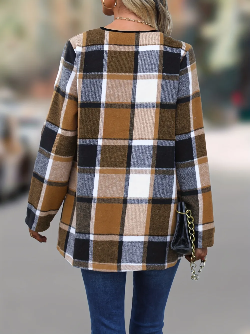 Stylish Plaid Open Front Coat - Versatile Long Sleeve for Chic Spring & Fall Style - Womens Fashion Clothing