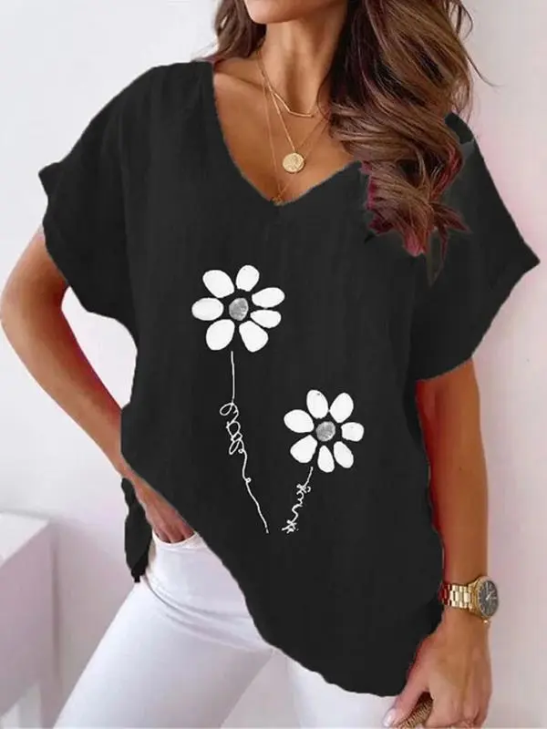 Summer Printed V-neck Casual Batwing Short Sleeve T-shirt