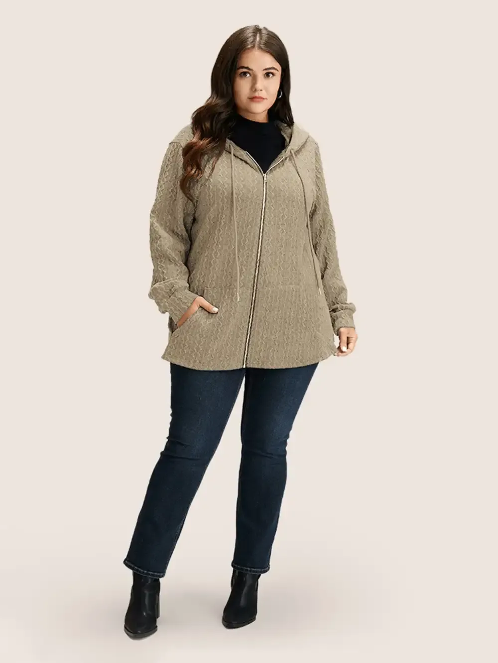 Plain Textured Zipper Hooded Sweatshirt