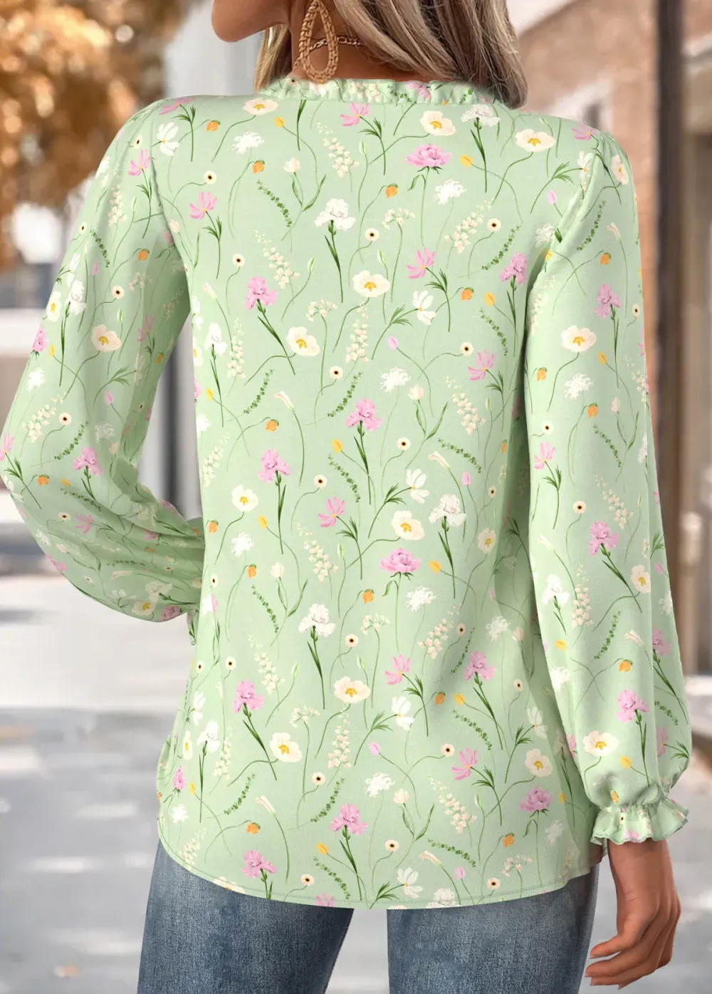 Light Green Tummy Coverage Ditsy Floral Print Blouse