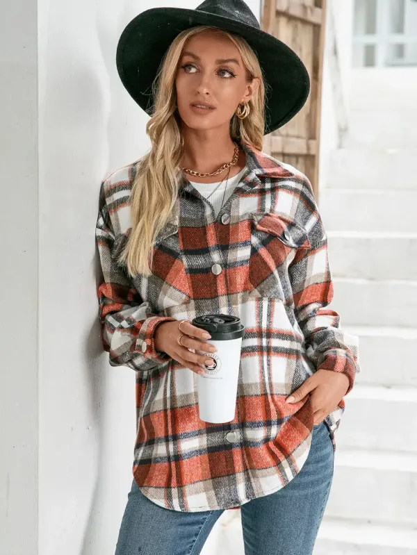 Plaid Button Down Curved Hem Shacket