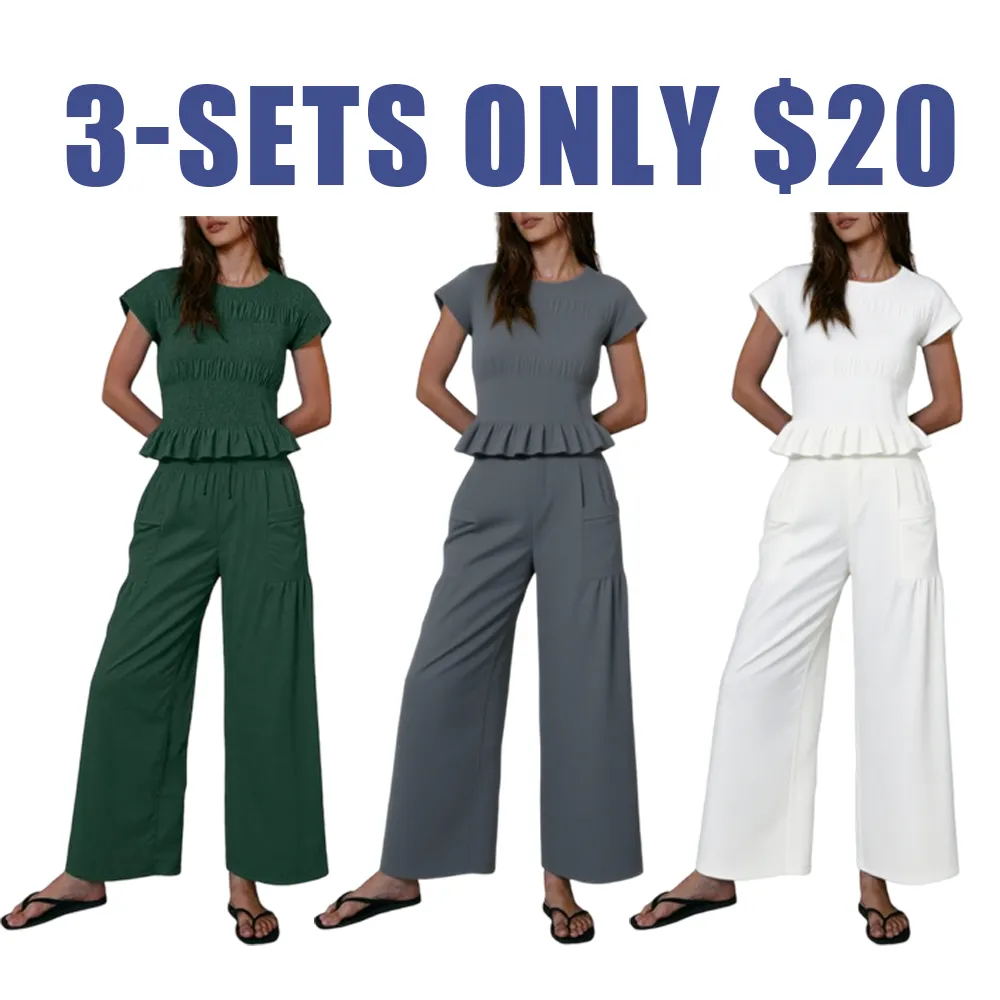 Women’s Smocked Top & Wide-Leg Pants Set – High-Waisted Lounge Outfit with Pockets