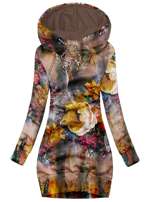 Women's Sweatshirt Pullover Sports Basic Drawstring Front Pocket White Pink Blue Leopard Floral Street Casual Hoodie Long Sleeve Top Micro-elastic Fall & Winter