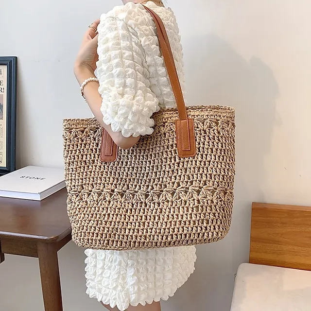 Women's Top Handle Bag Straw Bag Shoulder Bag Straw Outdoor Daily Zipper Solid Color Khaki Beige