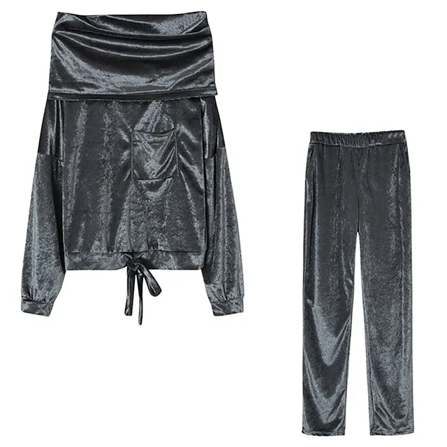 Women's Shirt Pants Sets Velvet Casual Daily Elegant Fashion Streetwear Long Sleeve Off Shoulder Black Fall & Winter