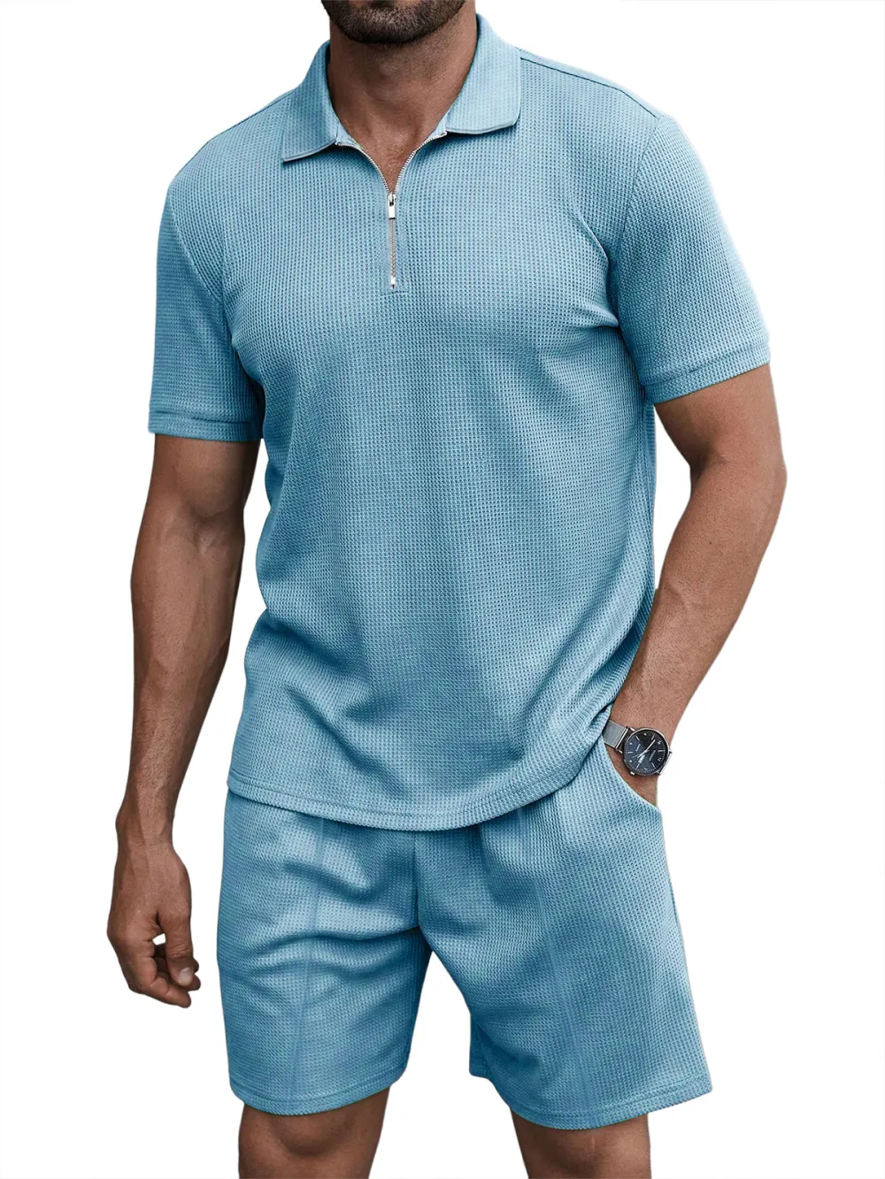 Men's Casual Waffle Zipper Short Sleeve Polo Suit