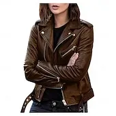 Women's Faux Leather Jacket Comfortable Full Zip Fashion Street Style Plain Outdoor Casual Daily Regular Turndown Regular Fit Long Sleeve Outerwear Silver Black Pink Spring Fall