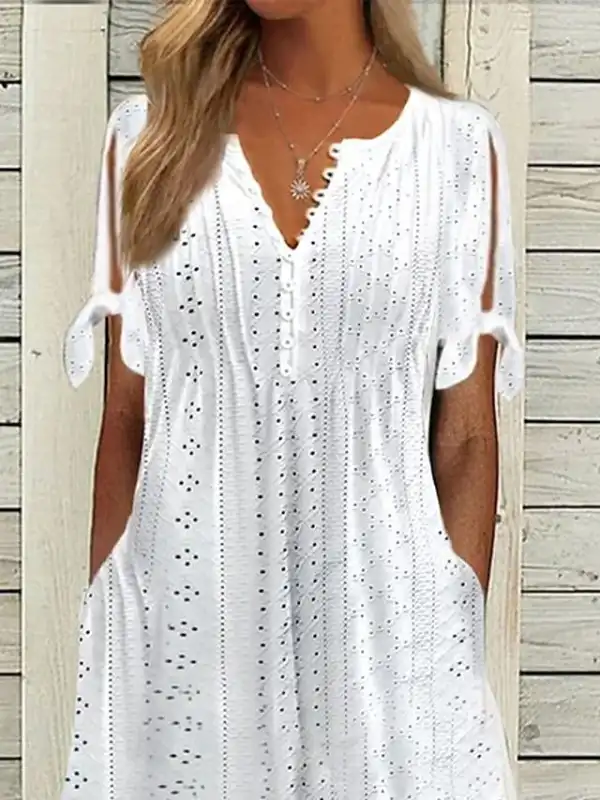 Plain Lace Ruched V Neck Midi Dress
