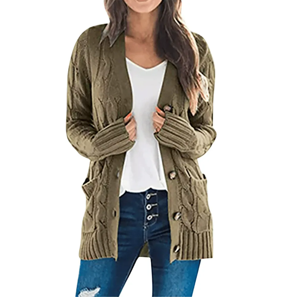 Women's Fall Casual Long Sleeve Button Down Open Front Cable Knit Cardigan