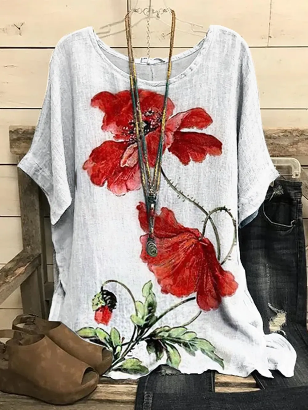 Crew Neck Floral Casual Red Flower Batwing Sleeve Slit Tops