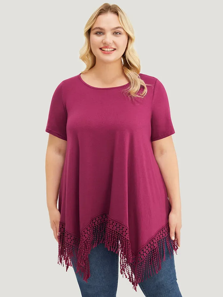 Solid Round Neck Lace Fringe Hem T-shirt